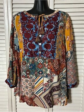 John Mark Boho Patchwork Embroidered Peasant Top - Multicolor